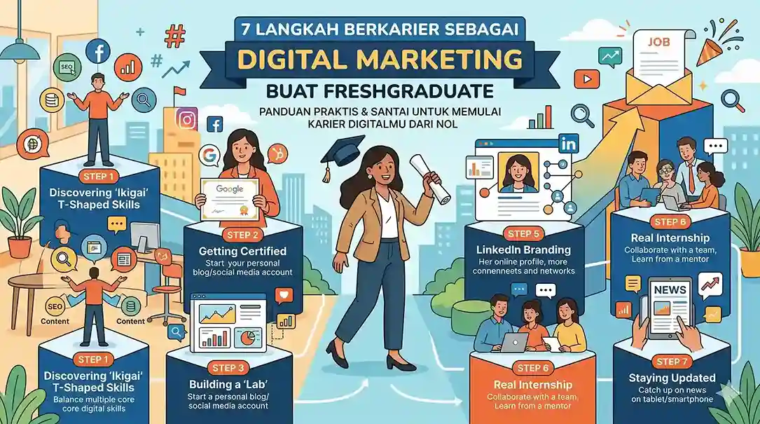 Panduan langkah berkarier digital marketing bagi lulusan baru.